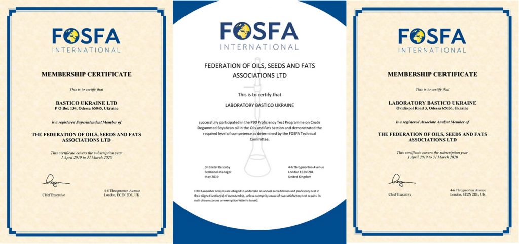 FOSFA International Membership Certificate Bastico Ukraine is a registered Superintendent member of Federation of Oils, Seeds and Fats Associations LTD